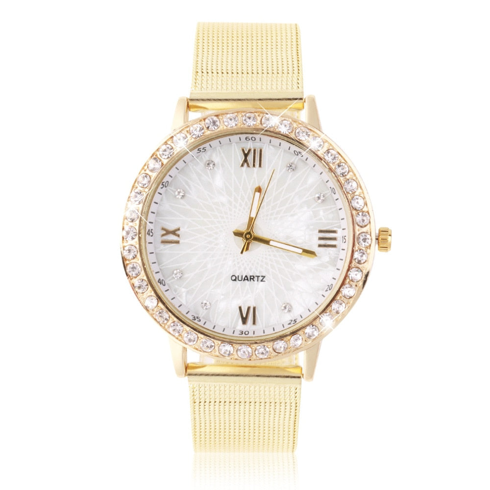 Women's Crystal Round Quartz Stainless Steel Mesh Band Wrist Watch Gift With Gold Color Relogio Masculino 2019